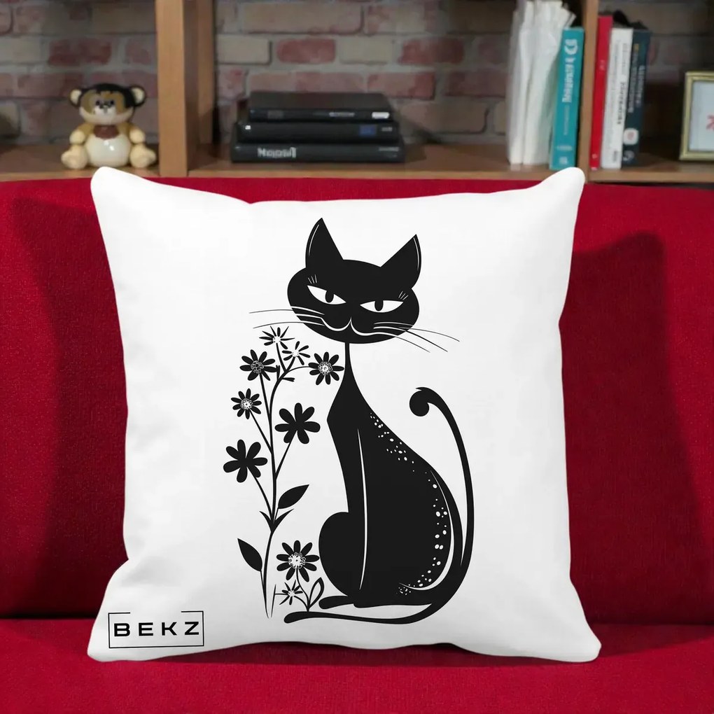 Perna Decorativa Pisica Neagra Grafica Minimalista, 40x40 cm, Alba Mata, Husa Detasabila, Perna Inclusa, BEKZ®