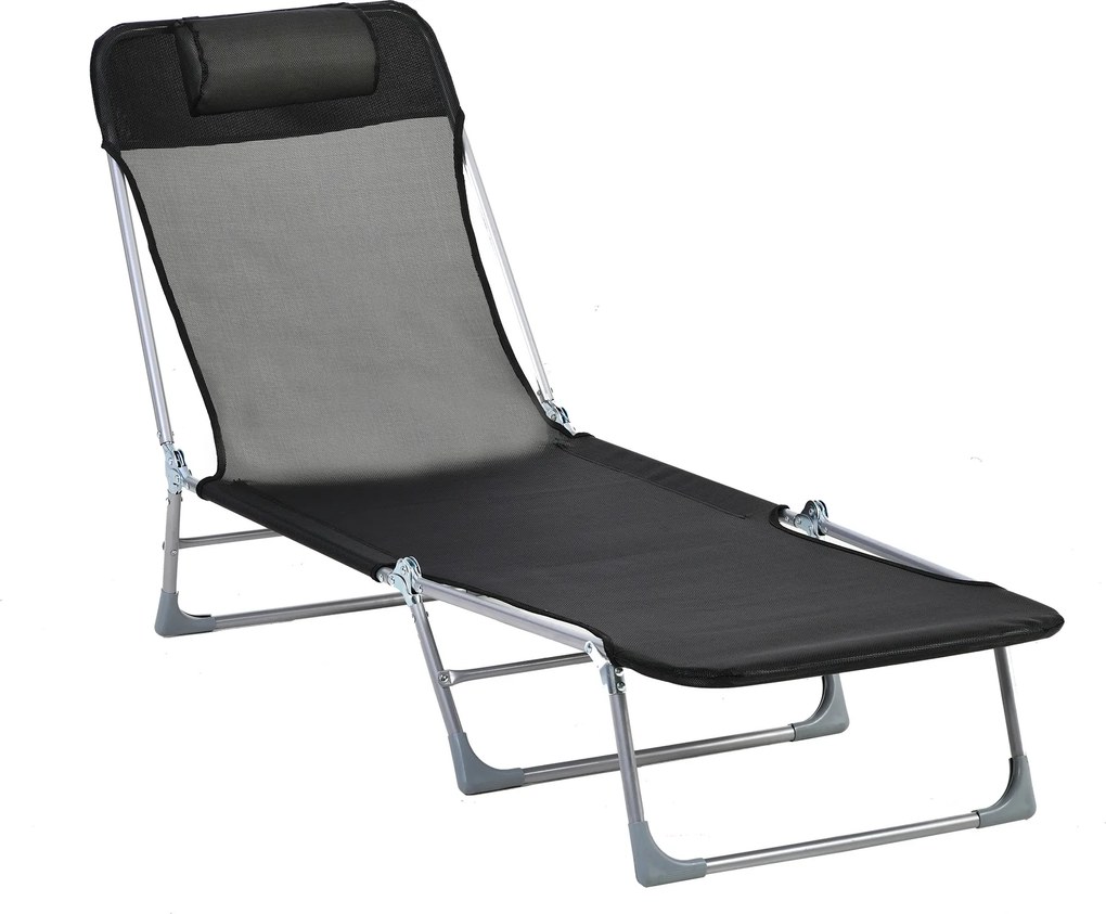 Outsunny Șezlong Pliabil cu Spătar Reglabil pe 5 Nivele și Pernă, Șezlong de Grădină cu Material Respirabil Textilen, pentru Plajă, Piscină, Grădină, 182x56x28 cm, Negru | Aosom Romania