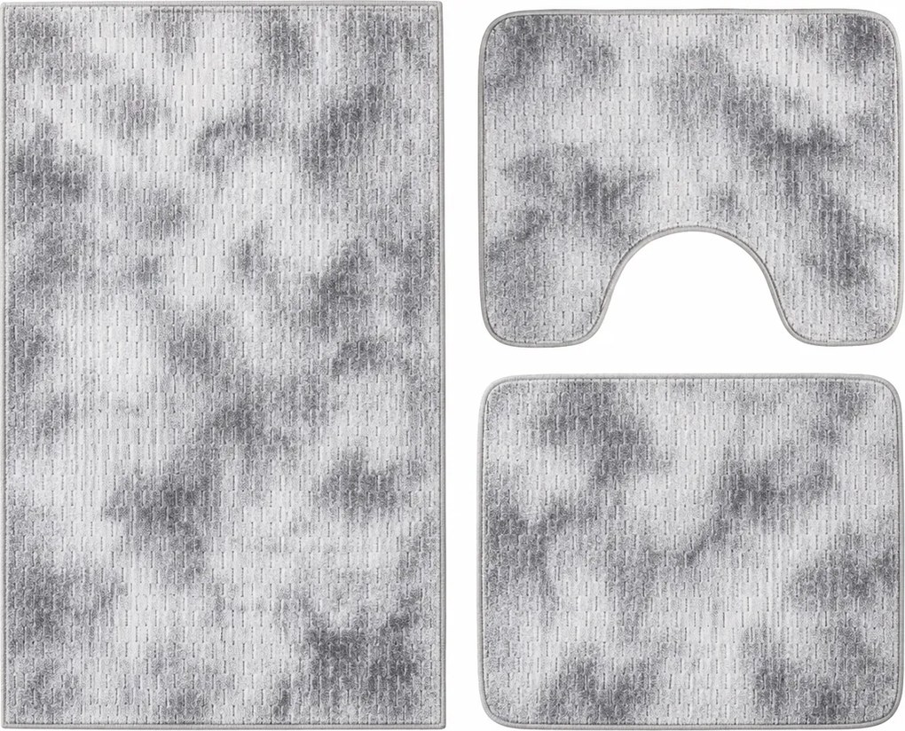 Set covoare baie antiderapante, 3 piese, model abstract, gri, CBA424