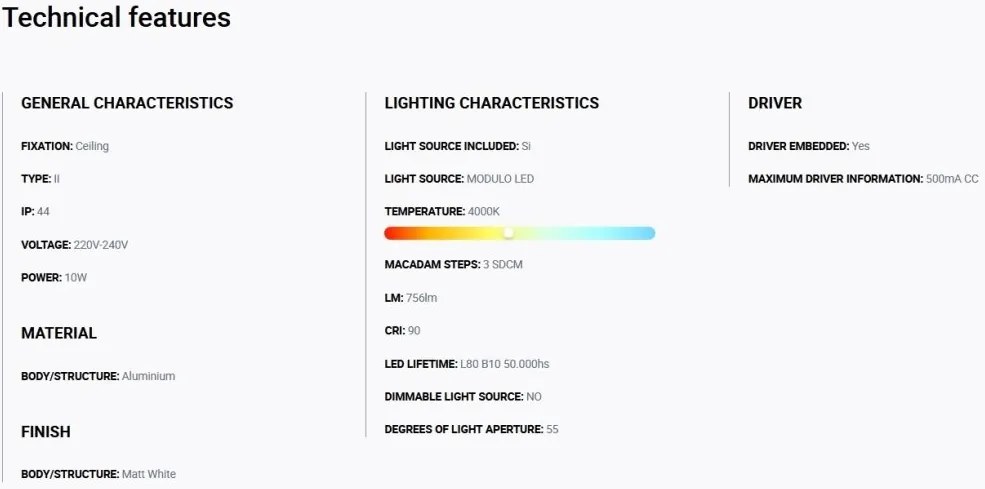 Spot LED incastrabil TULIPA White recessed downlight 10W 55° 4000K CRI90 IP44