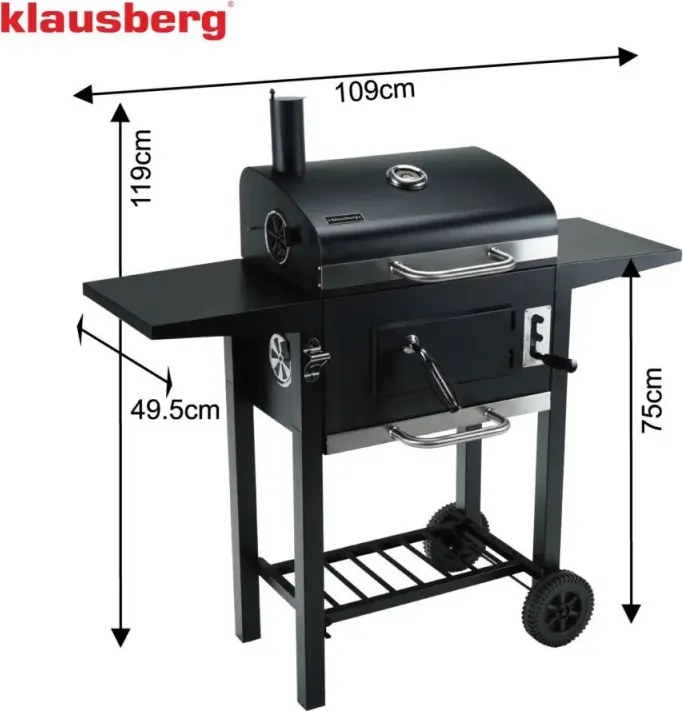 Gratar pe carbuni Klausberg KB 9034, Cos de fum, Ventilatie reglabila, Sertar pentru cenusa, Termometru, Roti, Otel, Negru