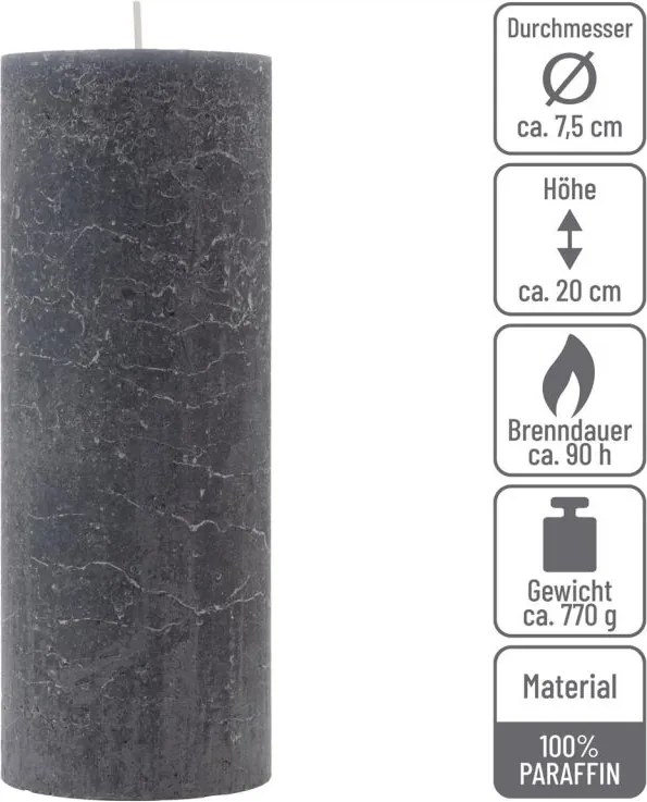 Set de lumânări rustice, 20 cm, Ø 7,5 cm, antracit, 2 buc