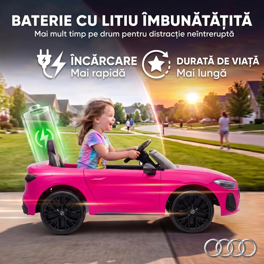 AIYAPLAY Mașină Electrică pentru Copii 12V Audi A5L cu Telecomandă, Baterie cu Litiu, 2 Motoare, Telecomandă, Roz | Aosom Romania