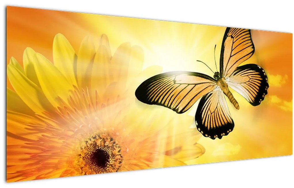 Tablou - Fluture galben cu flori (120x50 cm)