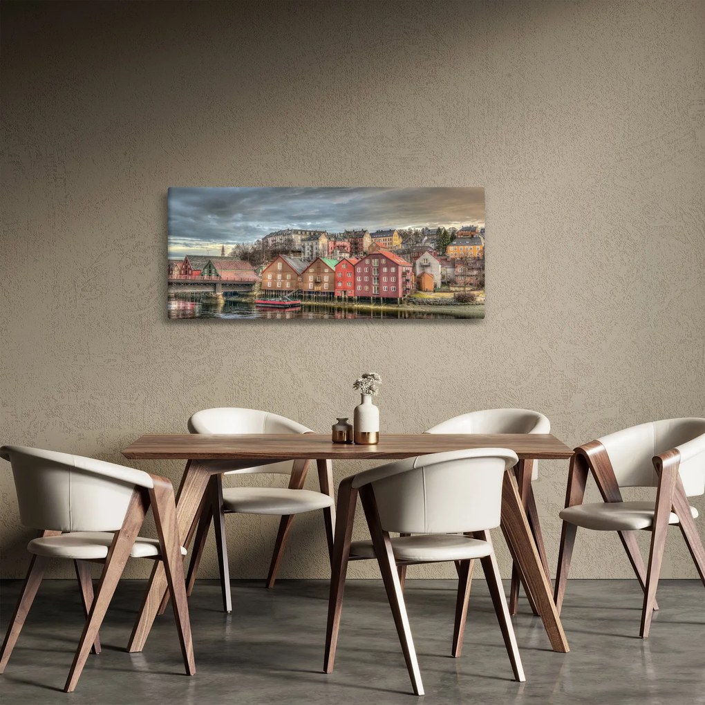 Tablou - Case lângă râu (120x50 cm)
