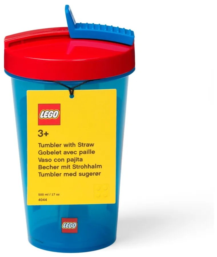 Pahar cu capac roșu și pai LEGO® Iconic, 500 ml, albastru