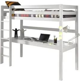 Pat etajat din lemn de pin si MDF cu birou incorporat, pentru copii Pino Desk Alb, 200 x 90 cm