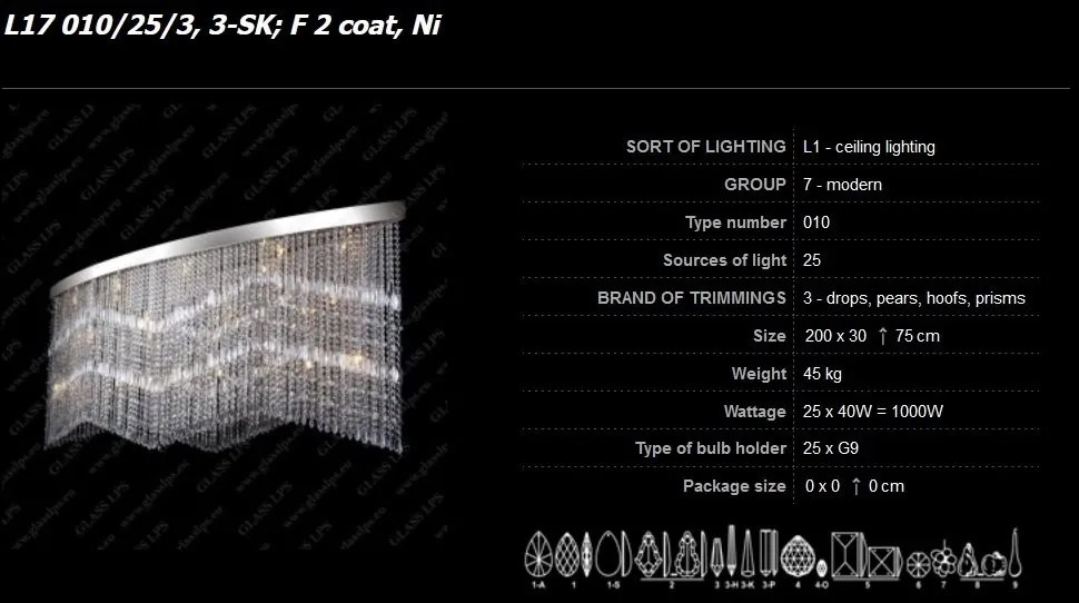 Lustra aplicata moderna cristal Bohemia, L-200cm L17 010/25/3, 3-SK, F 2 coat