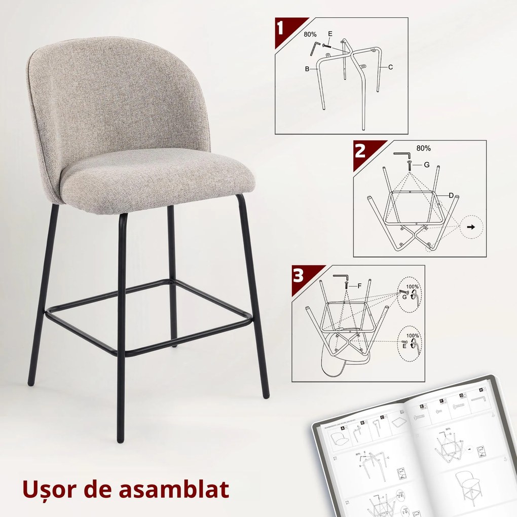 HOMCOM Set 2 Scaune de Bar cu Spătar și Suport pentru Picioare, Acoperire din Material Textil și Picioare din Oțel, Gri | Aosom Romania