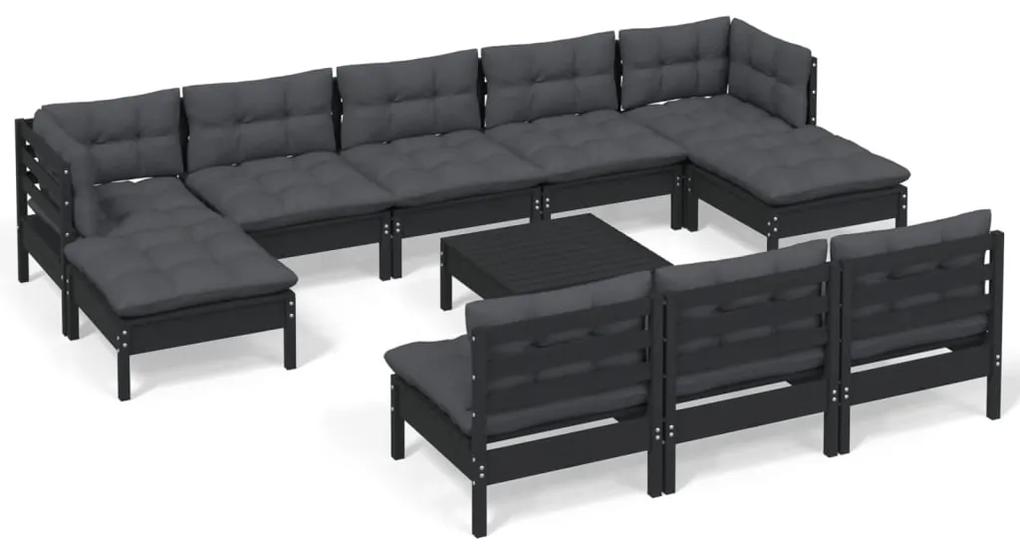 3097125 vidaXL Set mobilier grădină cu perne, 11 piese, negru, lemn de pin