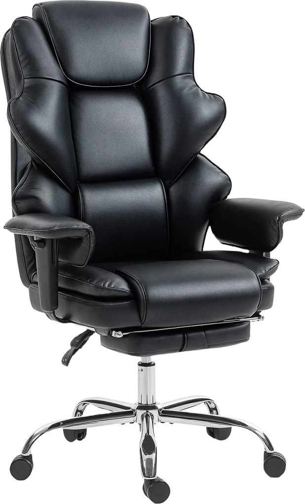 HOMCOM Scaun de birou cu suport pentru picioare și tetieră, din piele PU, spumă și metal, 76x73x117-125 cm, negru | Aosom Romania