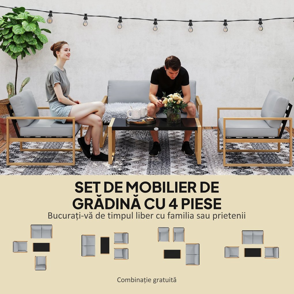 Outsunny Set Mobilier de Grădină din 4 Piese, cu Canapea de 2 Locuri, 2 Fotolii și Măsuță de Cafea, 123.5x75x73 cm, Gri | Aosom Romania