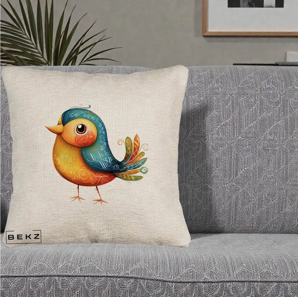 Perna Decorativa Pasare Folk Art Portocalie-Teal, 40x40 cm, Bej Canapea, Husa Detasabila, Perna Inclusa, BEKZ®
