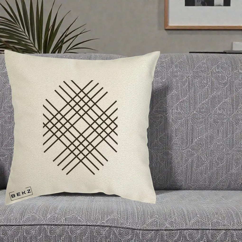 Perna Decorativa Geometric Grid, 40x40 cm, Ecru, Husa Detasabila, Perna Inclusa, BEKZ®