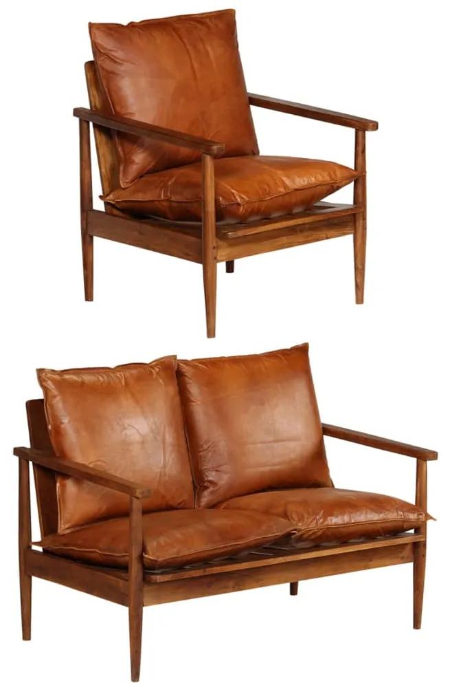 3100743 vidaXL Set canapele, 2 piese, maro, piele naturală/lemn masiv acacia