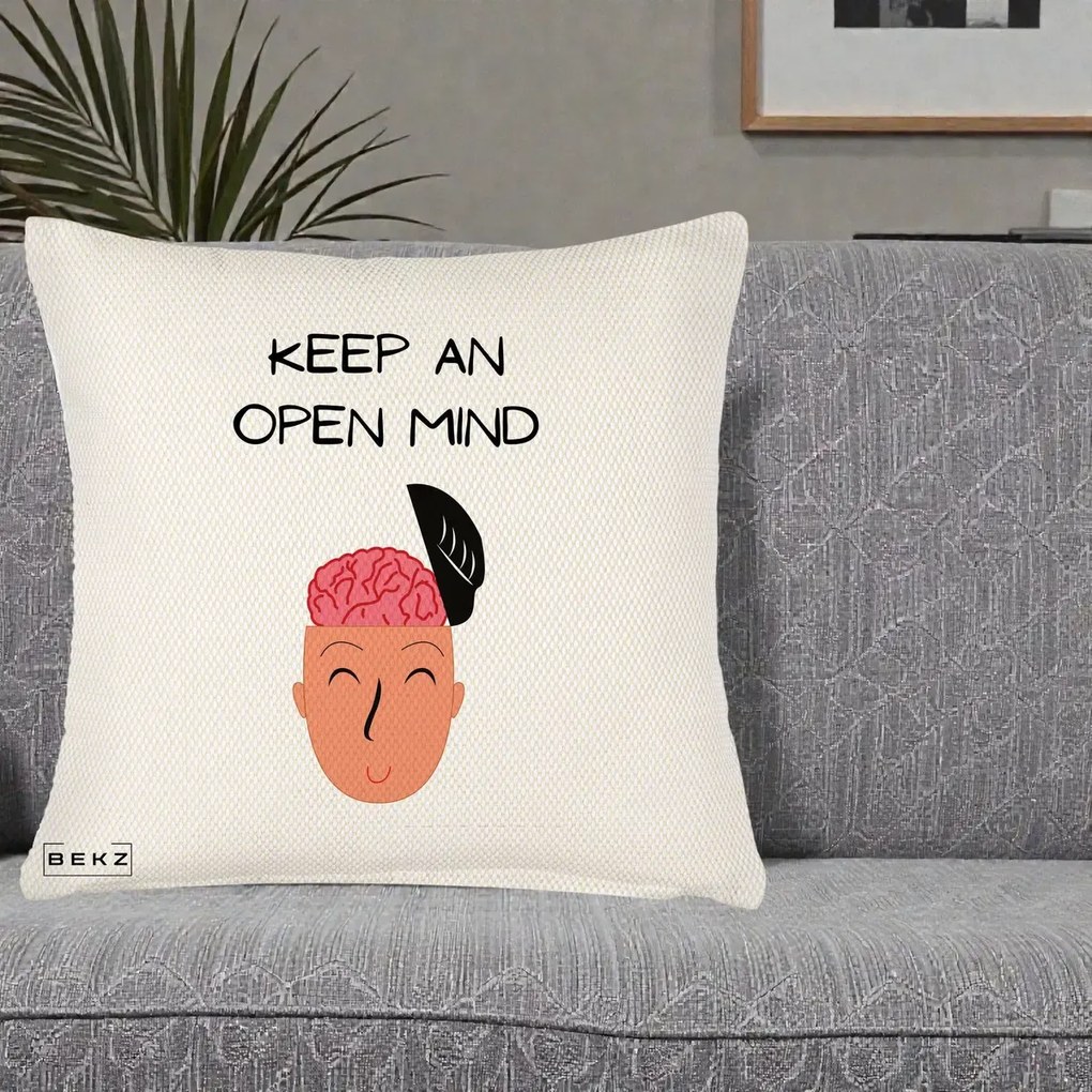 Perna Decorativa Keep An Open Mind, 40x40 cm, Crem Reliefat, Husa Detasabila, Perna Inclusa, BEKZ®
