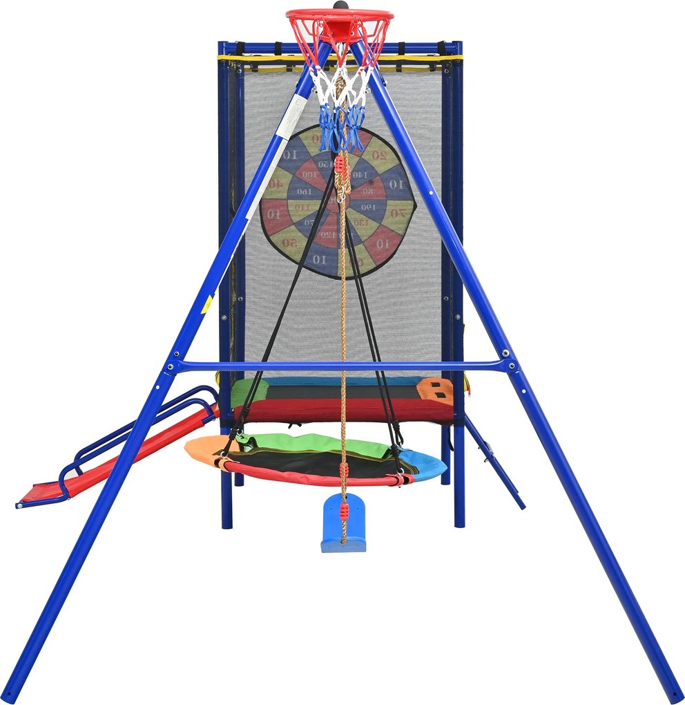 5-în-1 loc de joacă exterior pentru copii, trambulină cu plasă de siguranță și fermoar, pentru copii 3–8 ani, 336x217x198 cm, Multicolor