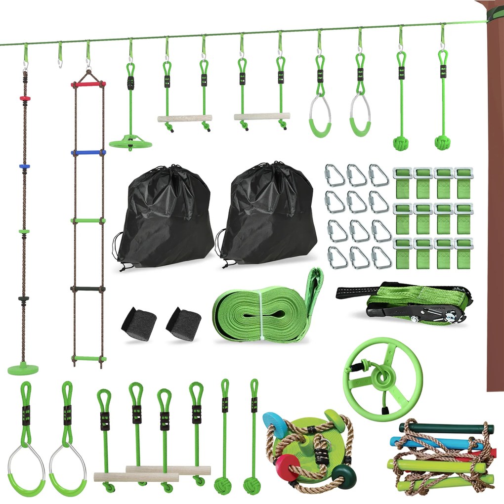 AIYAPLAY Set de corzi de cățărat, kit de coardă pentru copii, diverse opțiuni de cățărat și alunecat, sac de transport, Verde | Aosom Romania