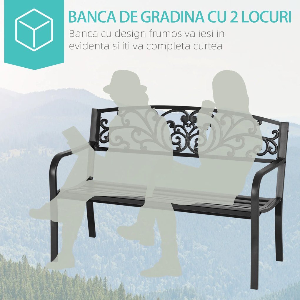 Outsunny Banca de gradina din metal cu spatar decorat, 127x60x87cm – negru | Aosom Romania