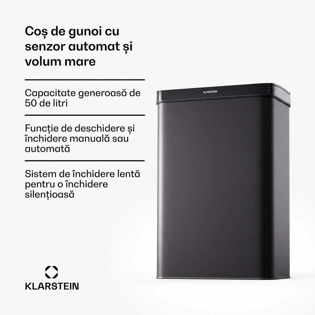 Klarstein Coș de gunoi fără atingere, cu senzor, 50 l, din oțel inoxidabil, închidere ușoară, cu baterii, afișaj LED, temporizator