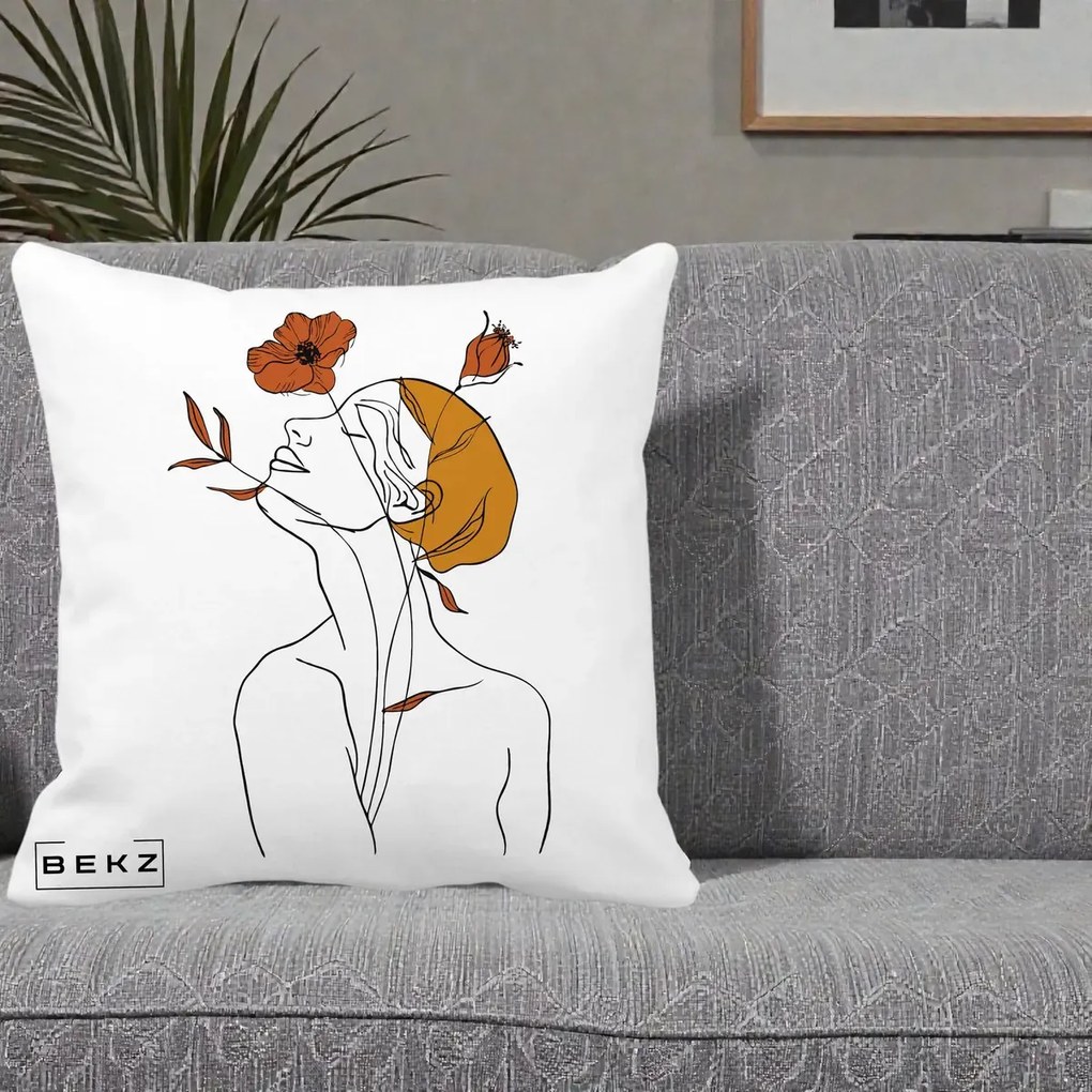 Perna Decorativa Portret Feminin Mac Privire Inalta, 40x40 cm, Alba Mata, Husa Detasabila, Perna Inclusa, BEKZ®