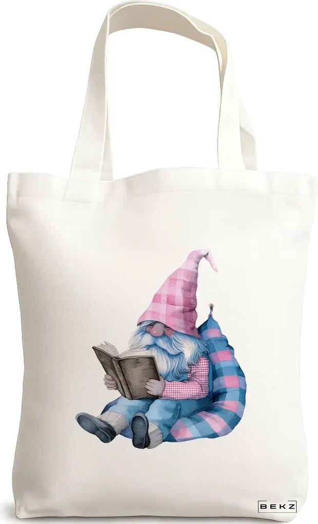 Sacosa de Panza pentru Cumparaturi, Geanta Tote, model The Bookish Gnome 3 38 x 34.5 cm, Alba, BEKZ®