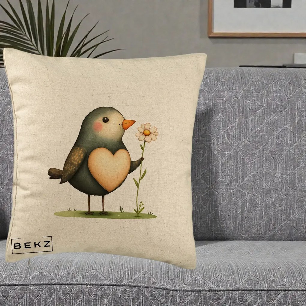 Perna Decorativa Pasare cu Inima si Margareta, 40x40 cm, Bej, Husa Detasabila, Perna Inclusa, BEKZ®