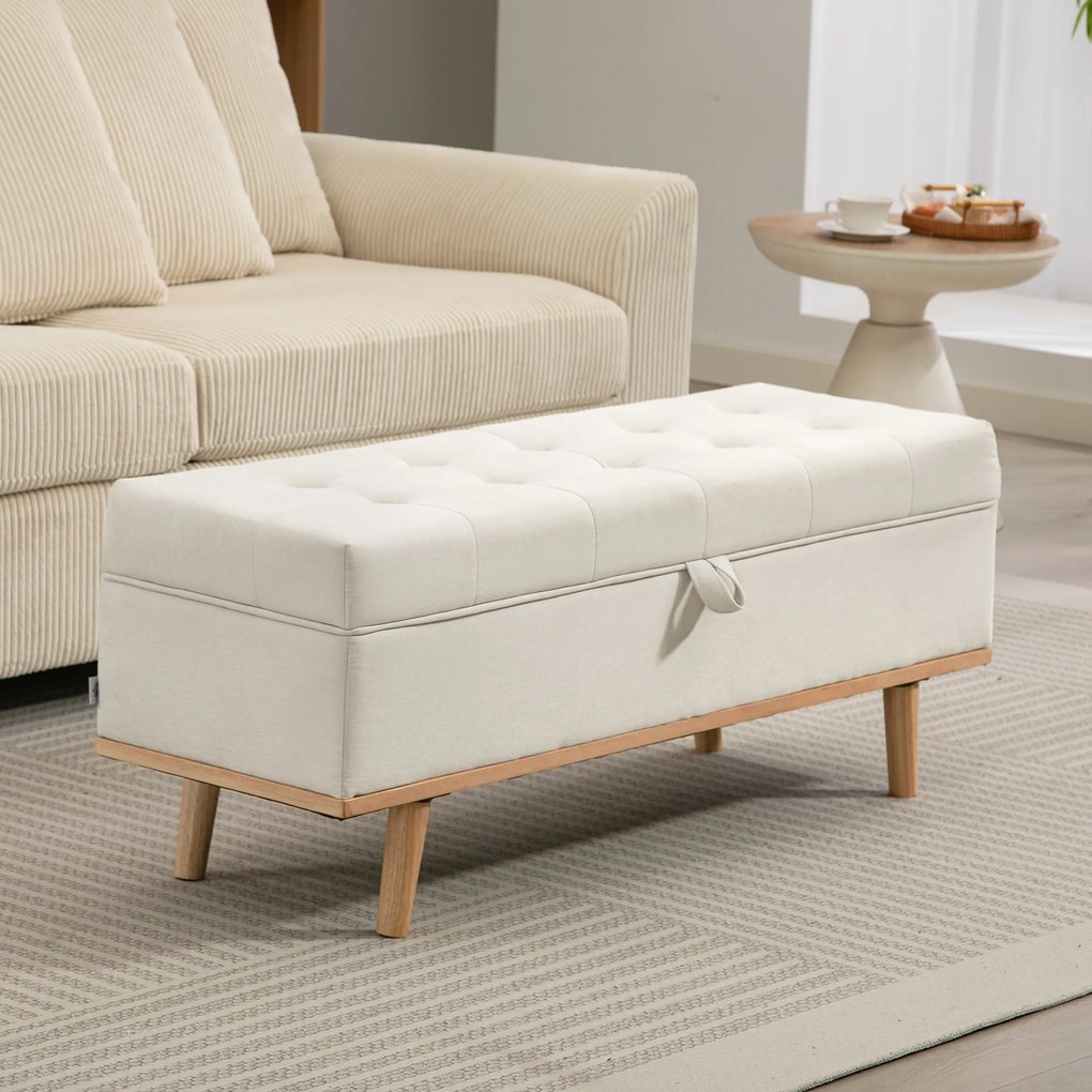 HOMCOM Taburet depozitare 80L, material textil, picioare lemn, 118x42x45 cm, crem | Aosom Romania