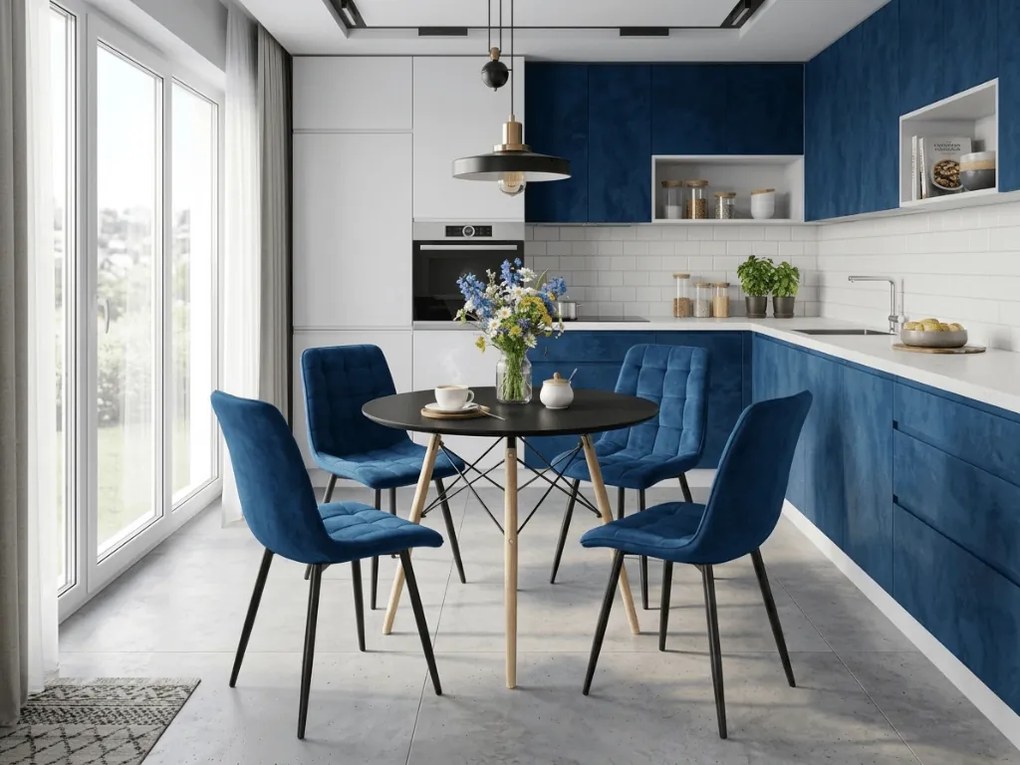 Scaun de masa SPLIT VELVET cu picioare negre, albastru