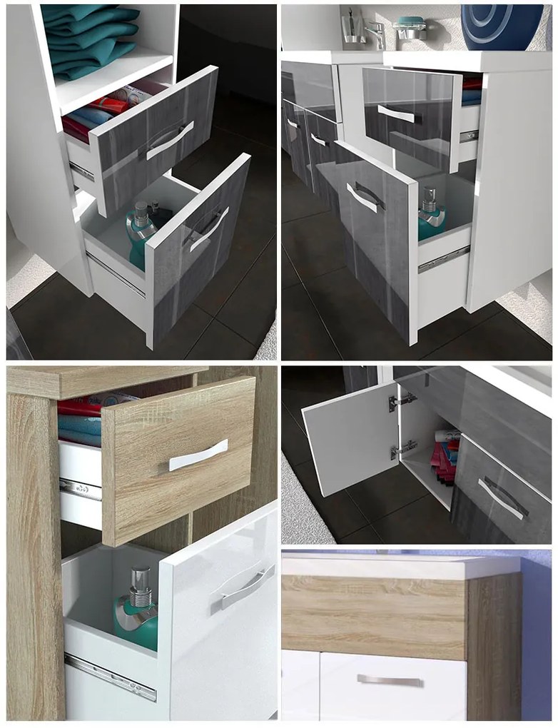 Zondo Mobilier baie Lunara (bodega + Alb lucios ) (cu sifon, baterie Platino). 1053658