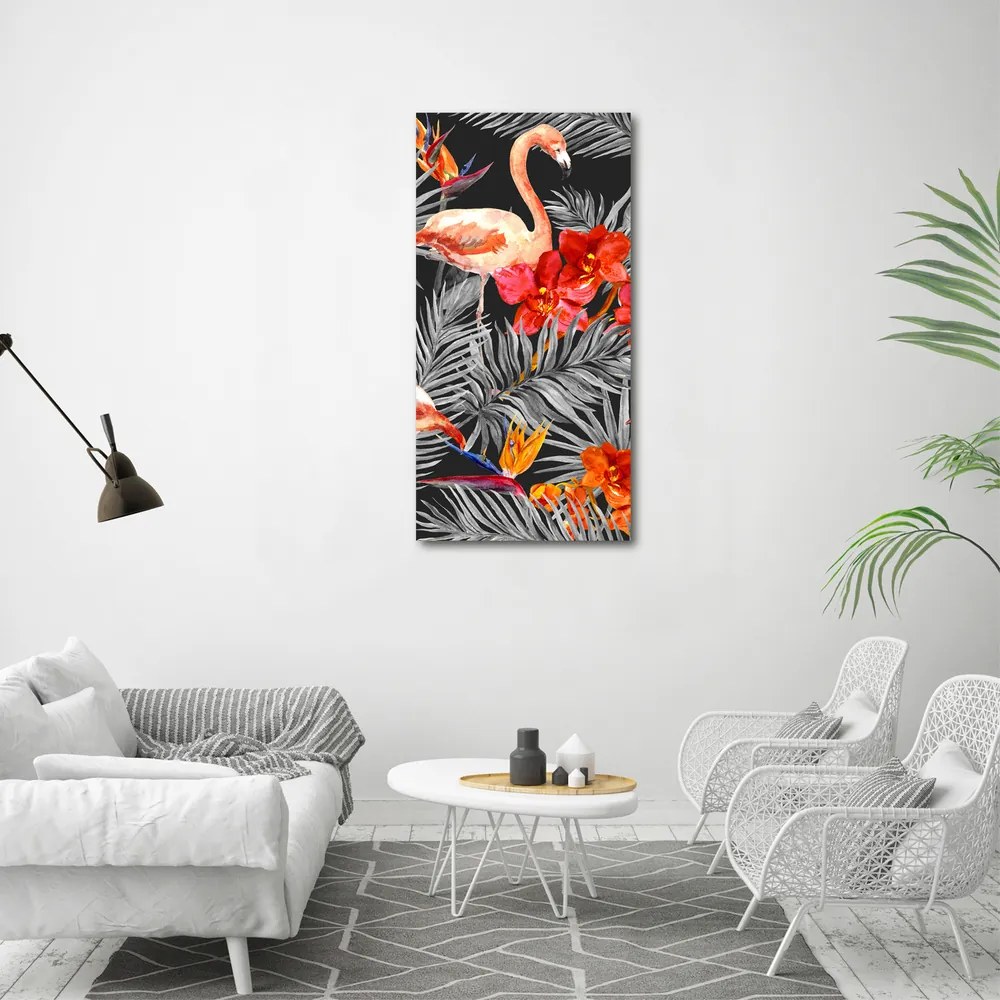 Tablou Printat Pe Sticlă Flamingos și flori
