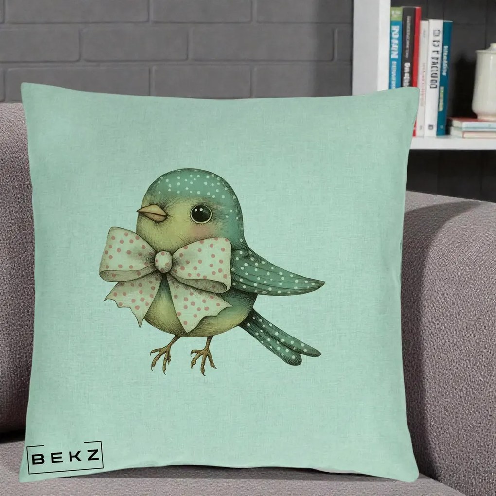 Perna Decorativa Pasare Teal cu Fundita cu Buline, 40x40 cm, Verde Menta, Husa Detasabila, Perna Inclusa, BEKZ®
