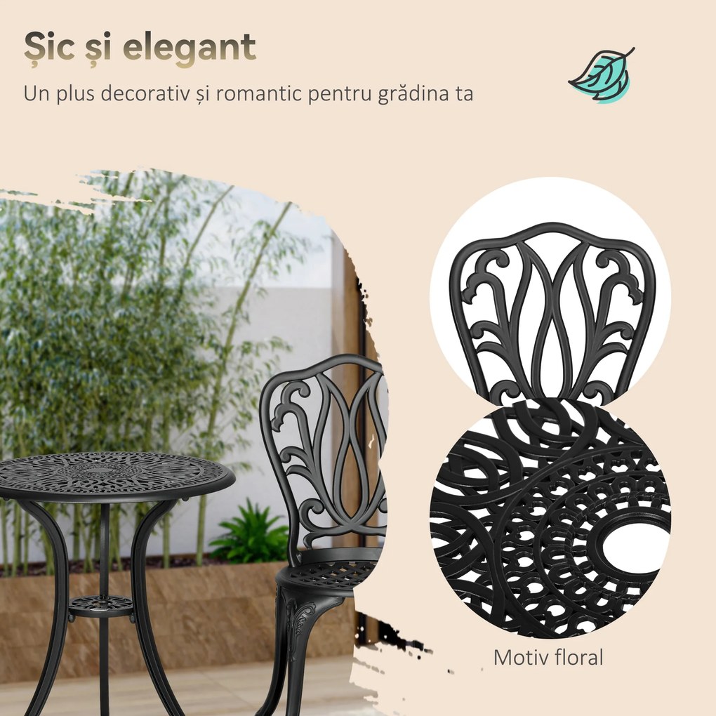 Outsunny Set de Grădină Exterior, Masă Rotundă și Scaune din Aluminiu, Masă de Bistrou cu Orificiu pentru Umbrelă, Mobilier pentru Terasă, Grădini, Verande, Balcoane, Lângă Piscină – Negru | Aosom Romania