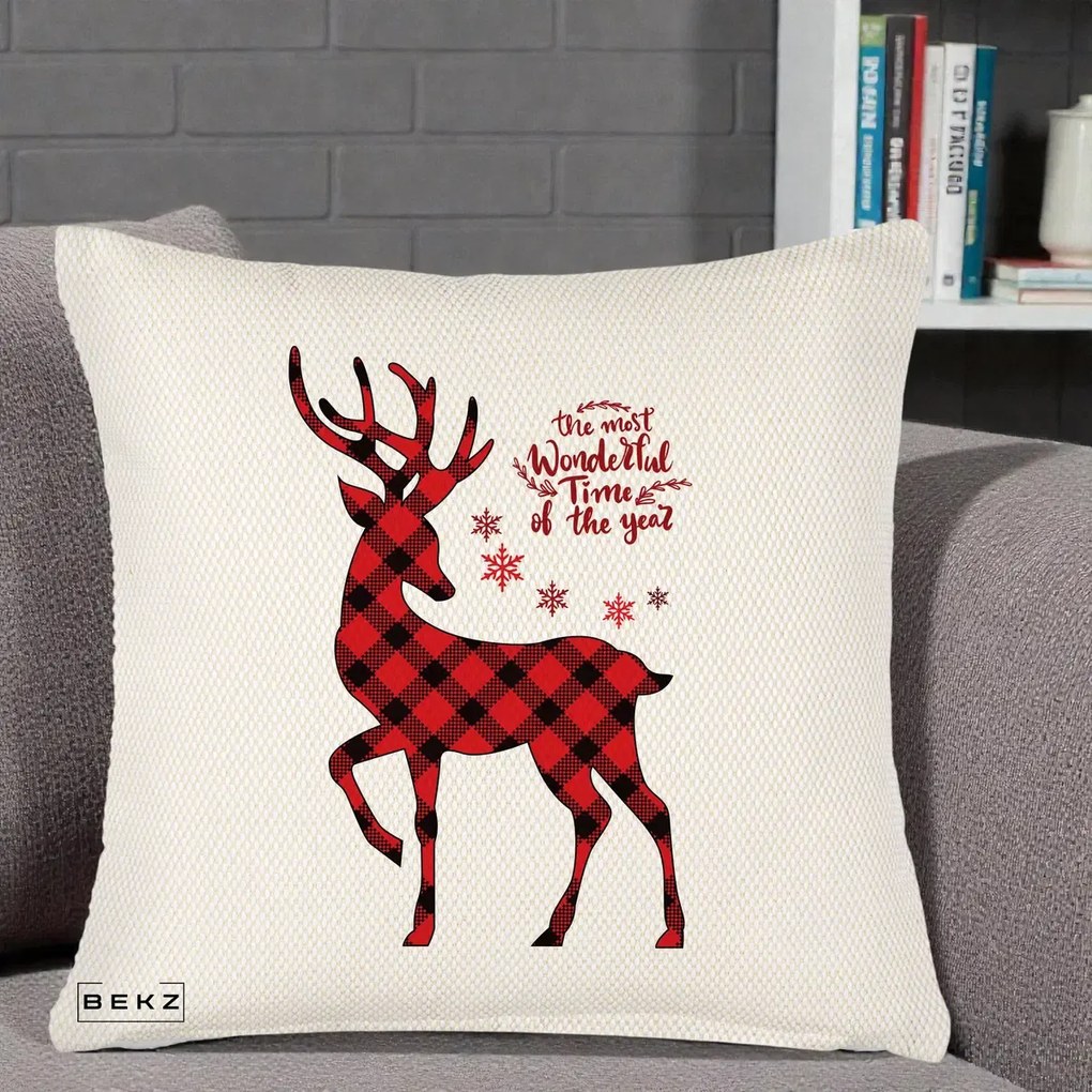Perna Decorativa Ren Buffalo Plaid Craciun, 40x40 cm, Crem Reliefat, Husa Detasabila, Perna Inclusa, BEKZ®