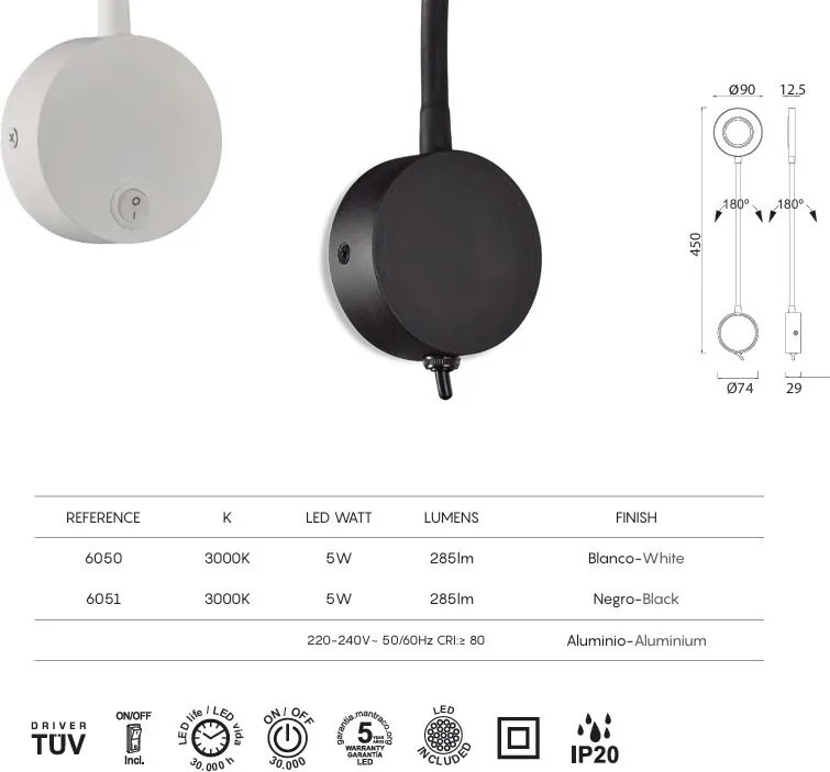 Aplica de perete cu reader LED BOAVISTA negru