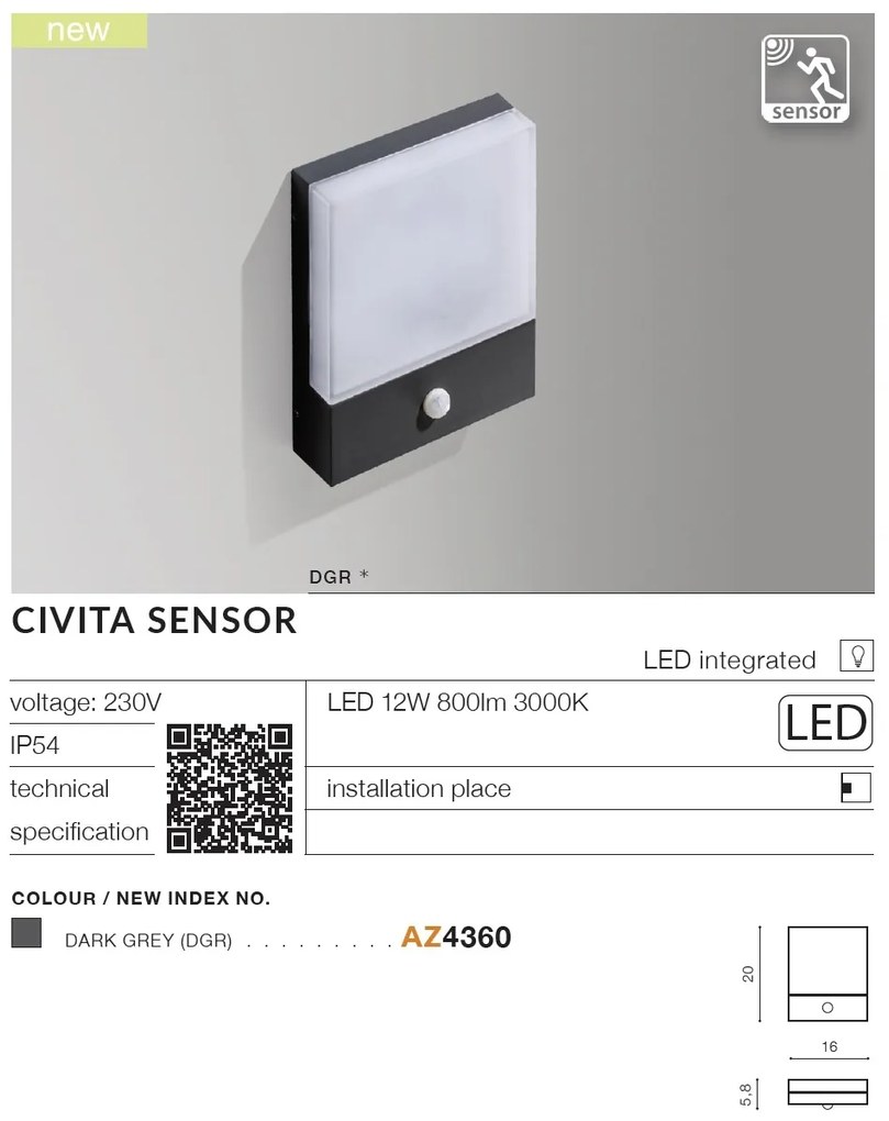 Aplica de perete LED exterior cu senzor de miscare IP54 CIVITA