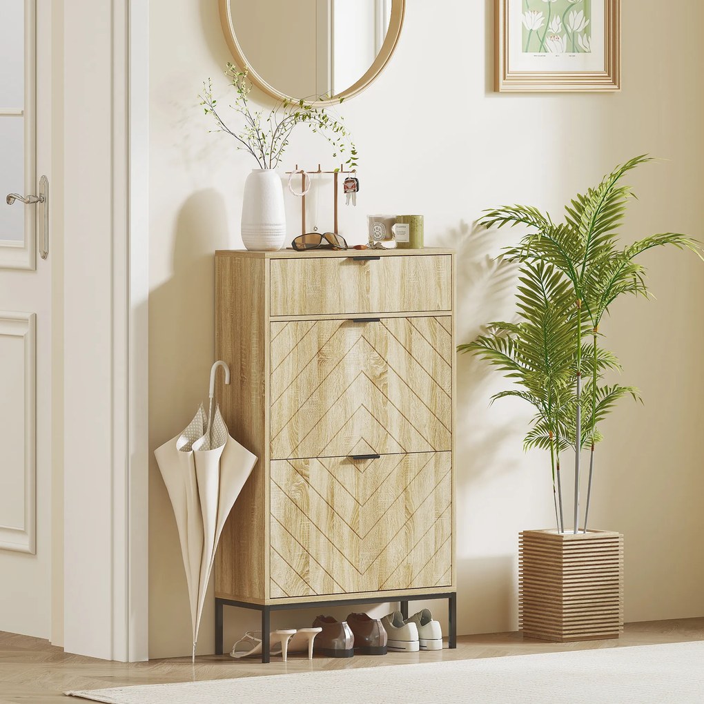 HOMCOM Mobilier de pantofi 8 perechi cu sertar glisant, 2 sertare rabatabile, rafturi reglabile, 60x24x105,5cm, stejar | Aosom Romania