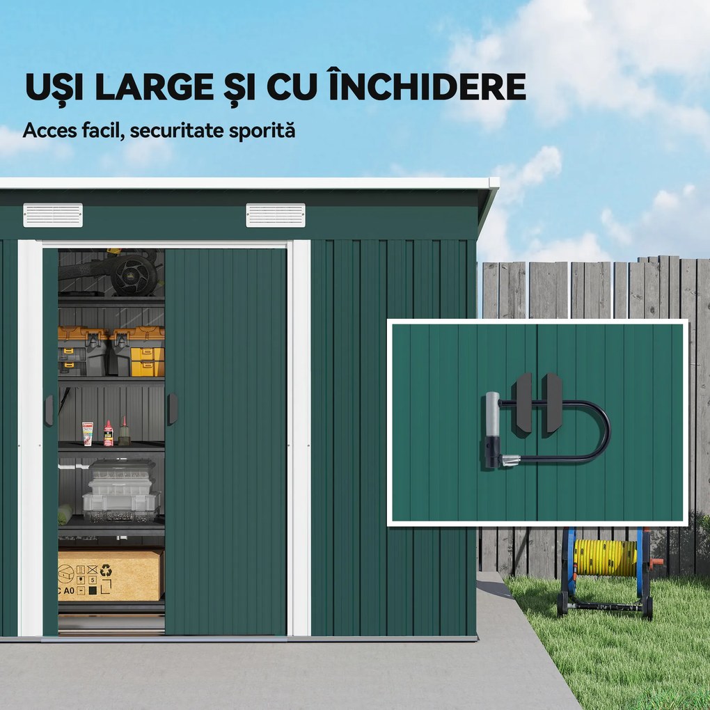 Outsunny Căsuță de Grădină 3,18m² din Oțel Zincat cu 2 Guri de Aerisire, Depozit pentru Unelte cu Uși Duble Culisante, Acoperiș Înclinat, 272x134x182 cm, Verde Întunecat | Aosom Romania