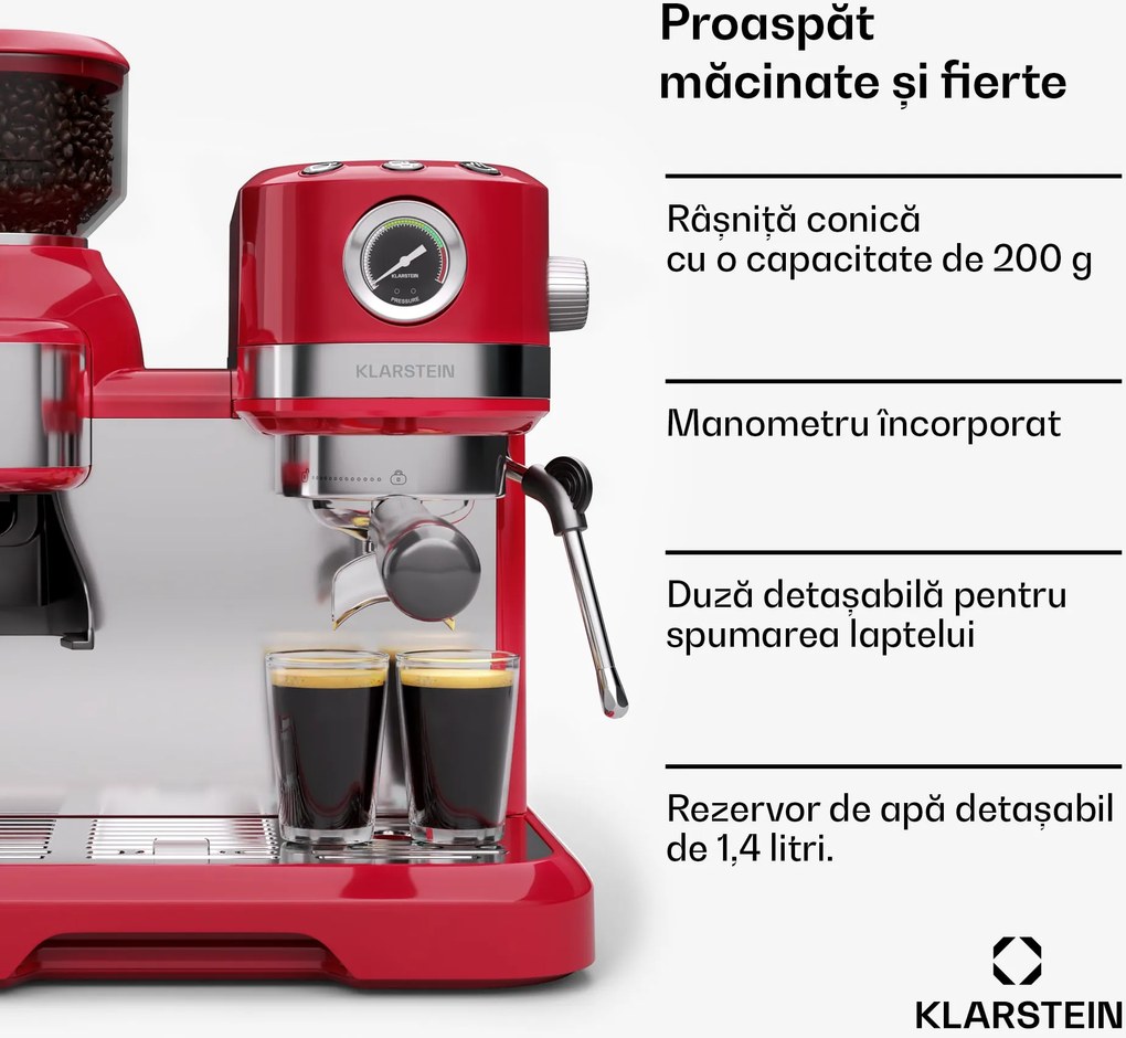 Klarstein Espressor Bella, Vintage, râșniță, 20 bari, spumator de lapte, manometru, 1550 W