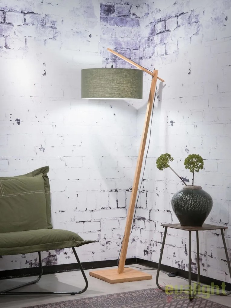 Lampadar cu cadru din bambus si abajur din tesatura in, Andes natur/ verde ANDES/F/4723/GF