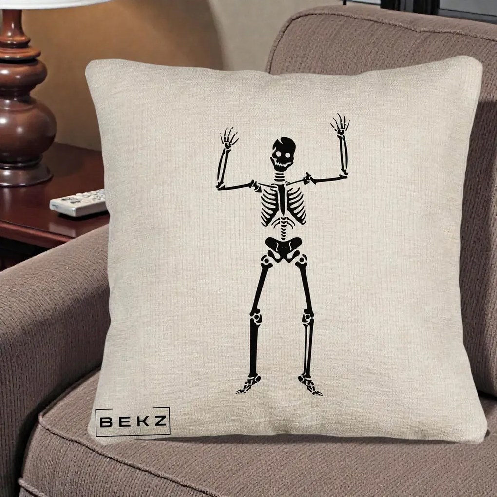 Perna Decorativa Halloween Schelet Dansator, 40x40 cm, Bej Canapea, Husa Detasabila, Perna Inclusa, BEKZ®