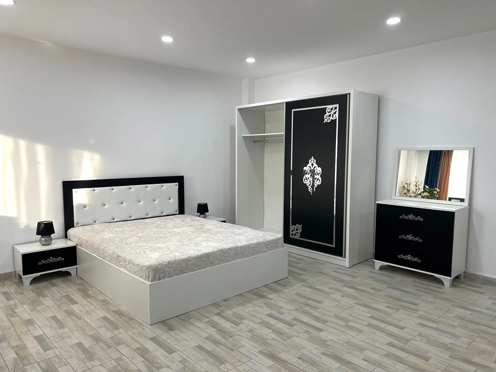 Dormitor Milano, culoare alb / negru, cu pat tapitat 160 x 200 cm, dulap cu 2 usi, comoda cu oglinda, 2 noptiere