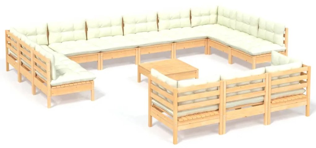 Set mobilier gradina cu perne crem, 14 piese, lemn masiv de pin maro si crem, 14