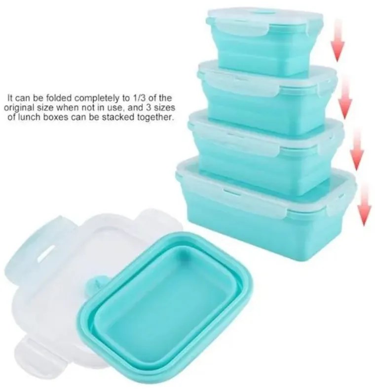 Set 4 cutii pliabile pentru alimente Home&Marker Poplate, 350/500/800/1200 ml, Sigure la microunde si congelator, Fara BPA, Albastru