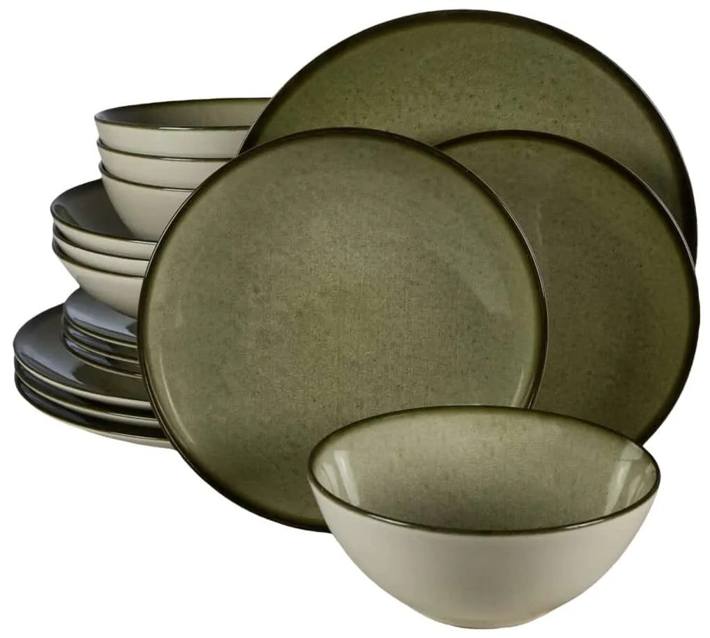 Set Complet Serviciu De Masa Earth Green, 16 piese, Alb Ivoire cu verde