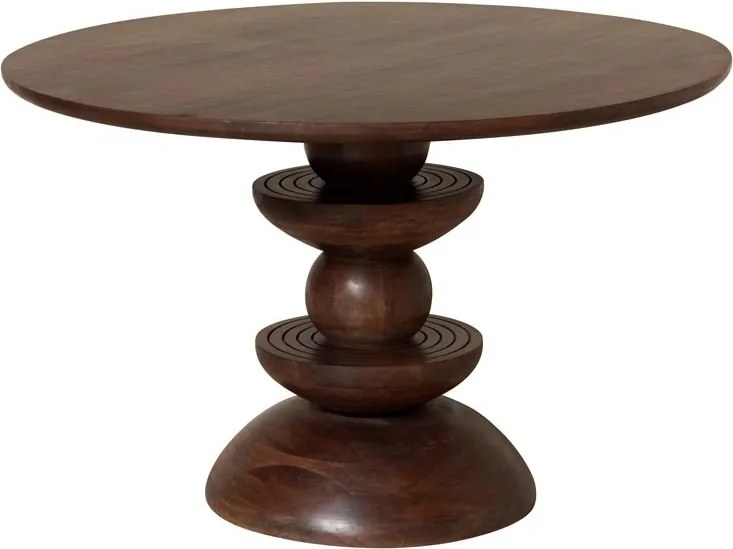 Masă dining rotundă din lemn de mango, maro, 4–5 locuri, cu picior central din sfere și cupe, 76 x 120 cm, „Cup”