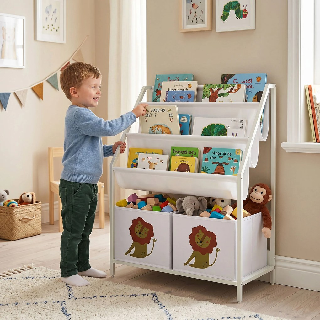 AIYAPLAY Bibliotecă Montessori pentru Copii 3-8 Ani cu 4 Rafturi și 2 Cutii cu Imprimeu Leu, Alb | Aosom Romania