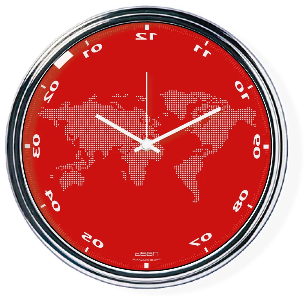 Ceas invers cu o hartă mondială - roșu, diametru 32 cm | DSGN