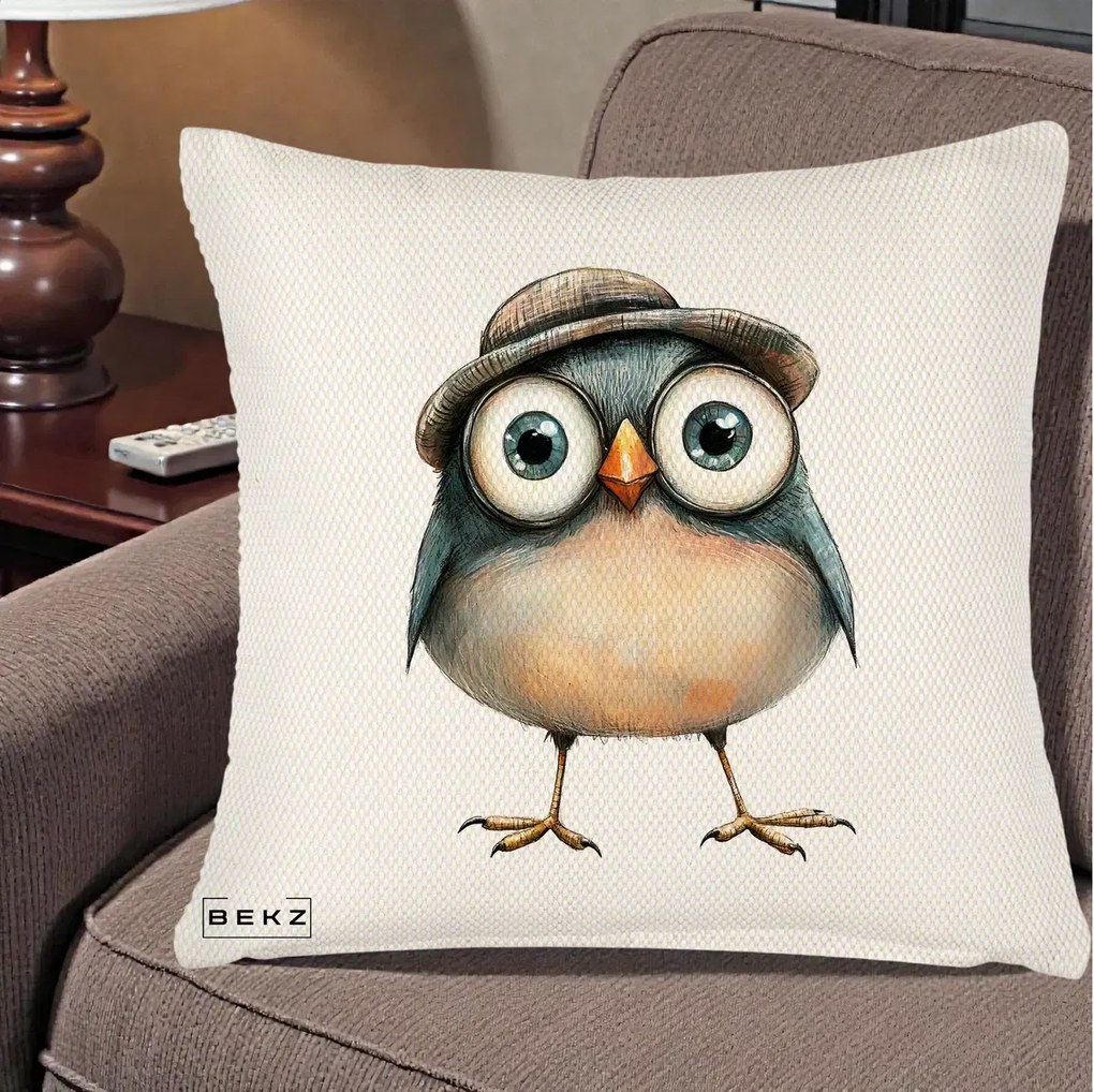 Perna Decorativa Pui cu Palarie Rotunda, 40x40 cm, Crem Reliefat, Husa Detasabila, Perna Inclusa, BEKZ®