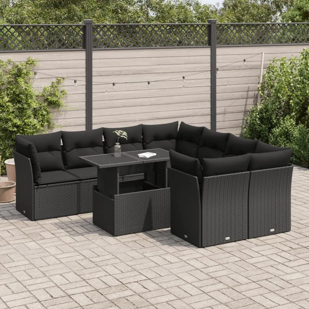 vidaXL Set mobilier de grădină cu perne, 9 piese, negru, poliratan